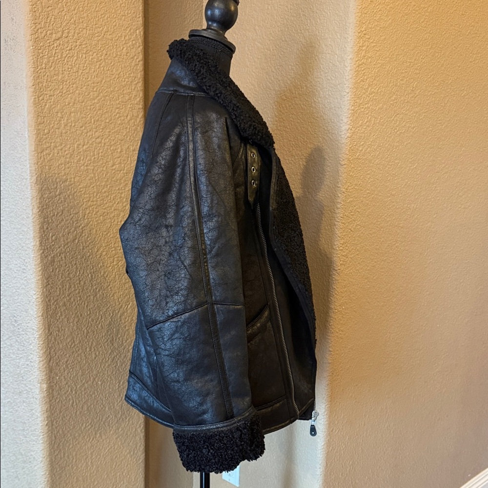 Black Faux Leather Jacket with Shearling Trim - Picture 2 of 5